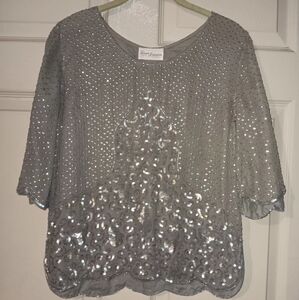 Pierre Jourdan Gray Sequin Embellished Blouse S.z S/M See Pit To Pit Measrements